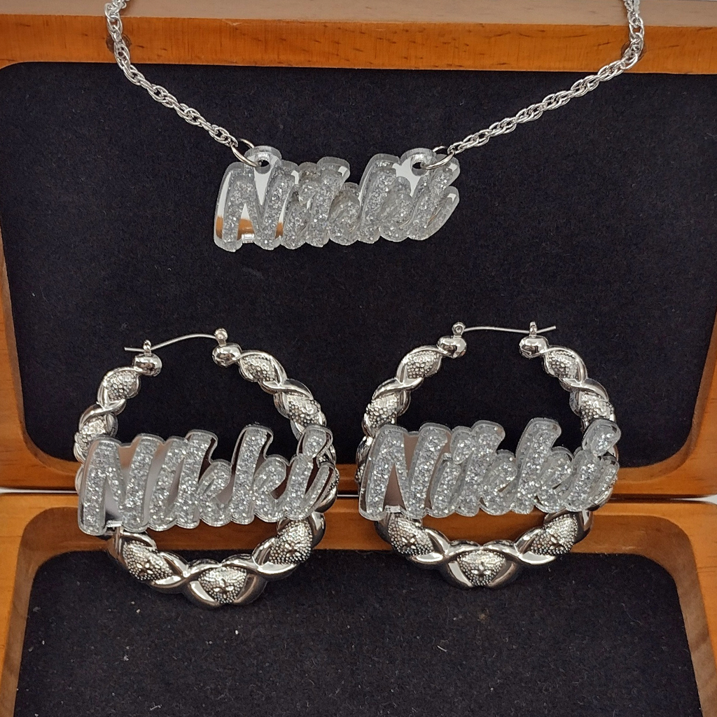 Custom XOXO Silver Hoop Earrings and a Name Necklace, Personalized Name and Background Color, Hand-made Jewelry Set