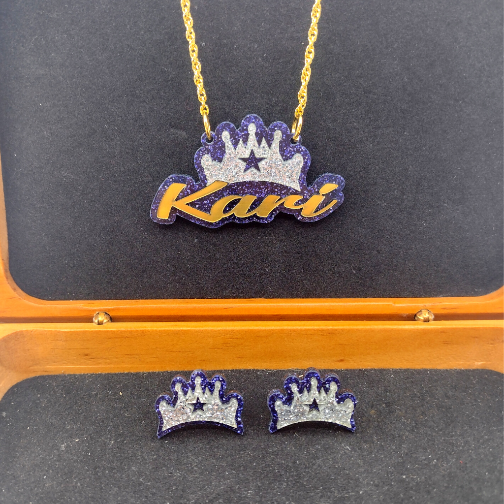 Custom Crown Personalized Necklace and Studs Jewelry Set