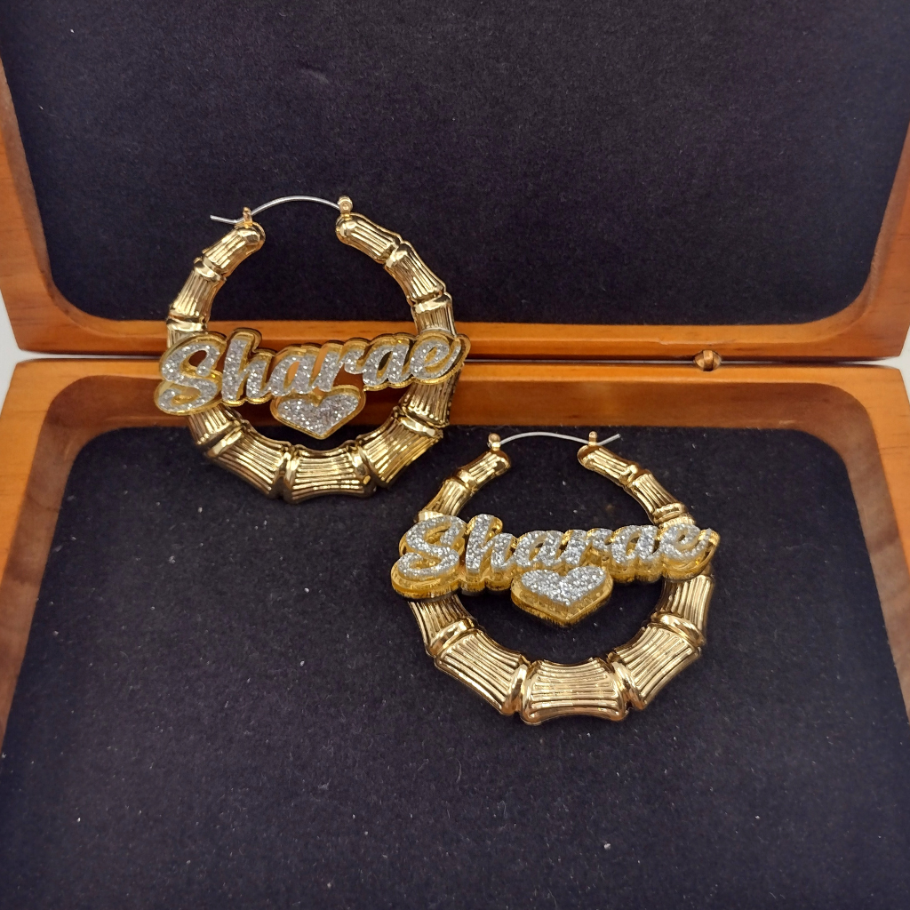Custom Name with Heart and Background Gold Bamboo Hoop Earrings