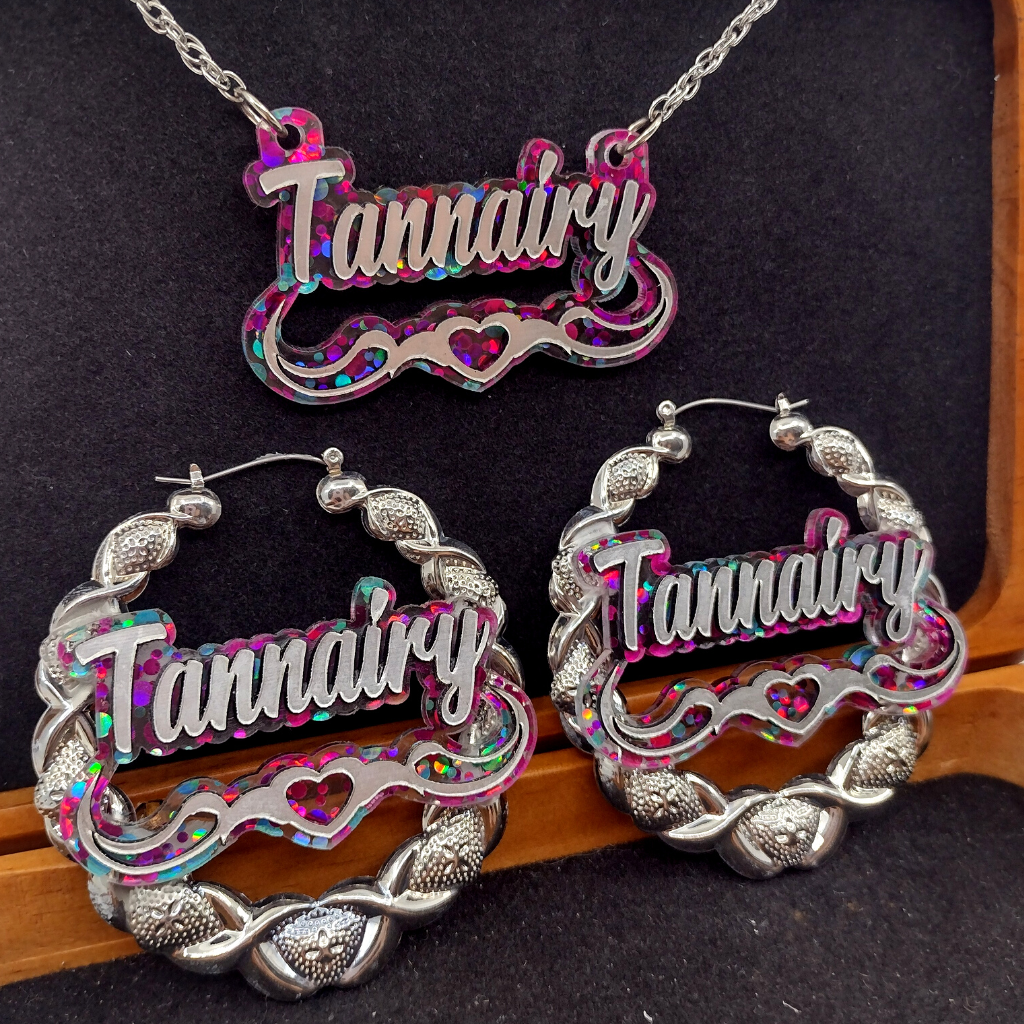 Custom Silver Confetti Multi-Color Heart and Swirl Name Hoop Earrings and a Name Necklace, Personalized Name, Hand-made Jewelry Set