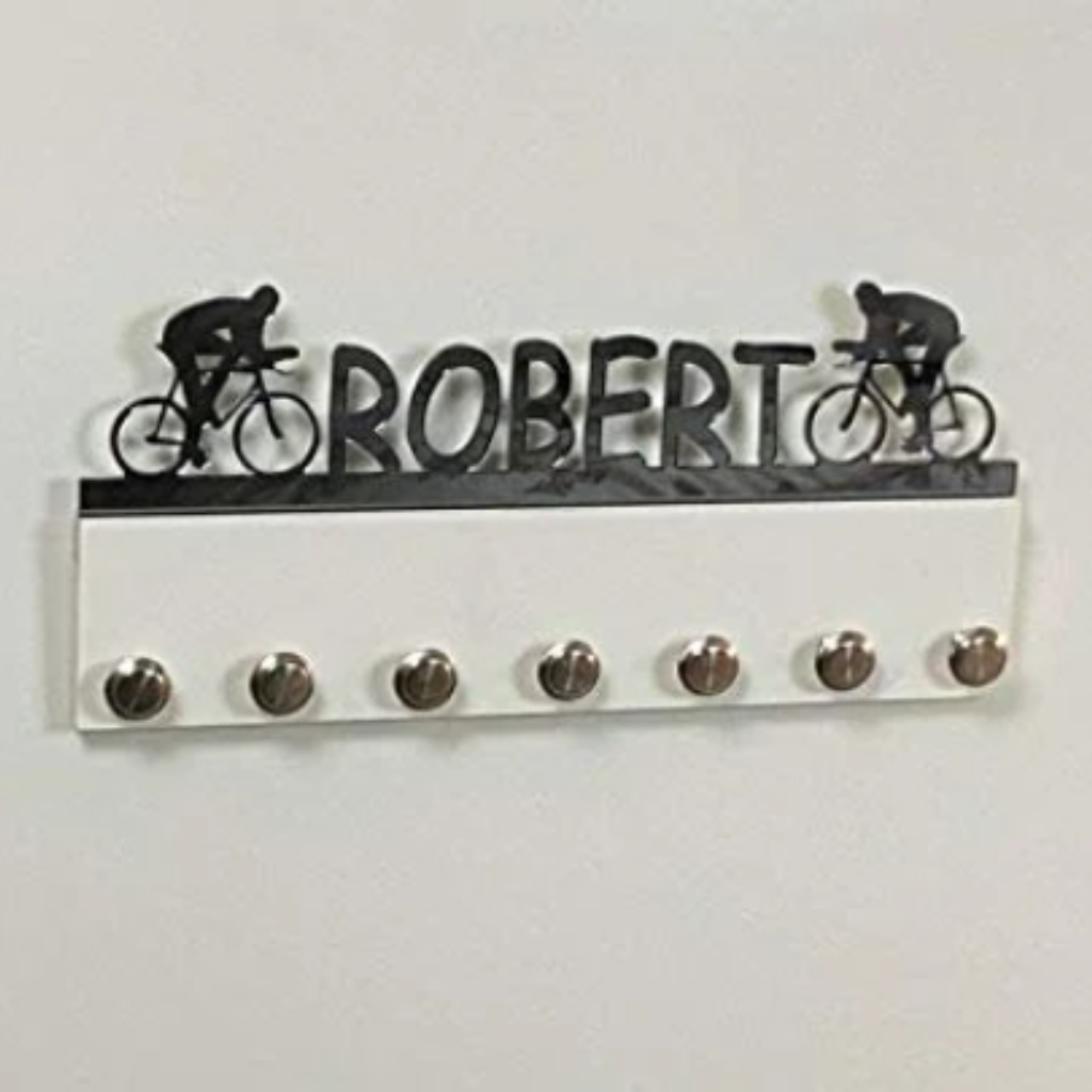 Biking Cyclists Personalized Medal Holder, Handmade Wall Organizer, Storage Space for Your Living Space