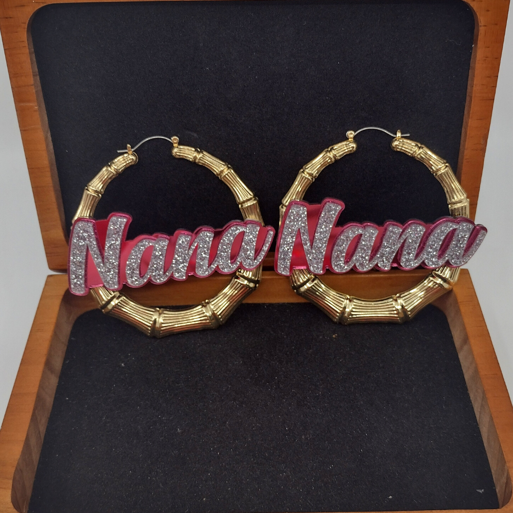 Custom Name and Background Gold Bamboo Hoop Earrings