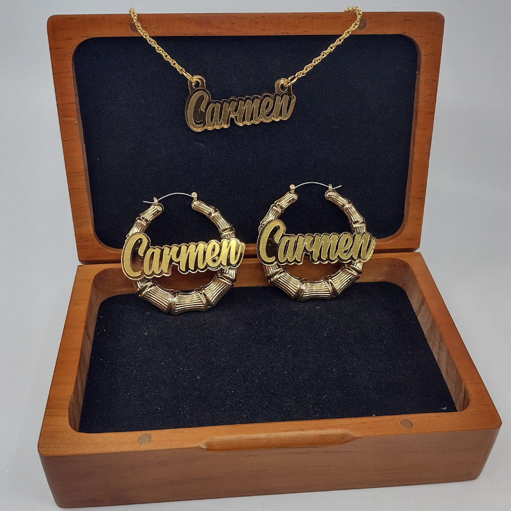 Custom Gold Hoop Earrings and a Name Necklace, Personalized Name and Background Color, Hand-made Jewelry Set