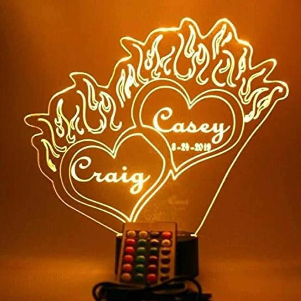 Double Hearts with Flames LED Tabletop Night Light Up Lamp, 16 Color options with Remote