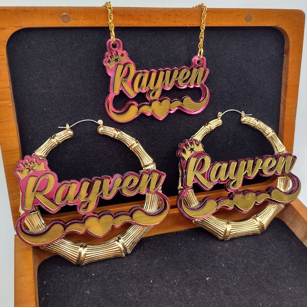 Heart and Swirl with Crown Custom Gold Bamboo Hoop Earrings and a Name Necklace, Personalized Name and Background Color