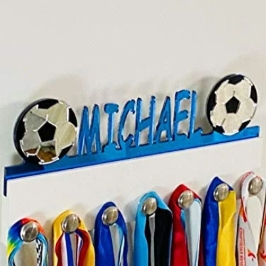 Soccer Personalized Sports Medal Holder, Handmade Wall Organizer, Storage Space for Your Living Space