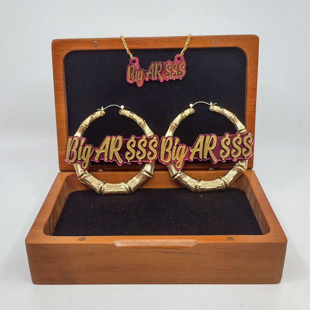Custom Gold Bamboo Hoop Earrings and a Name Necklace, Personalized Name and Background Color, Hand-made Jewelry Set