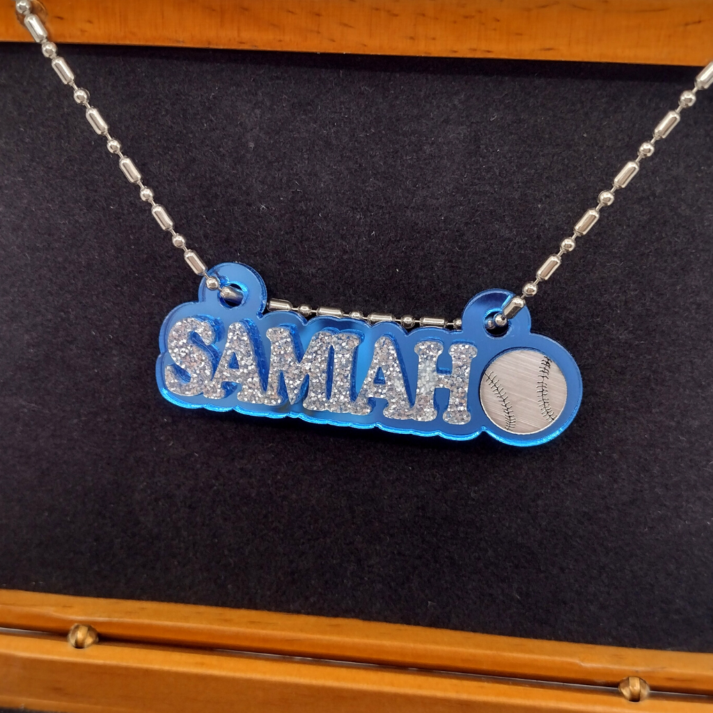 Custom Baseball Name Necklace, Personalized Glitter Name Necklace
