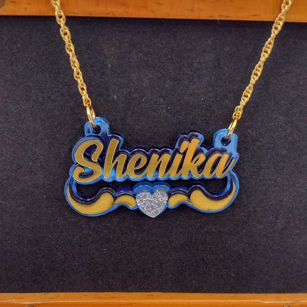 Custom Gold Heart and Swirl Name and Background Necklace and Earrings Jewelry Set