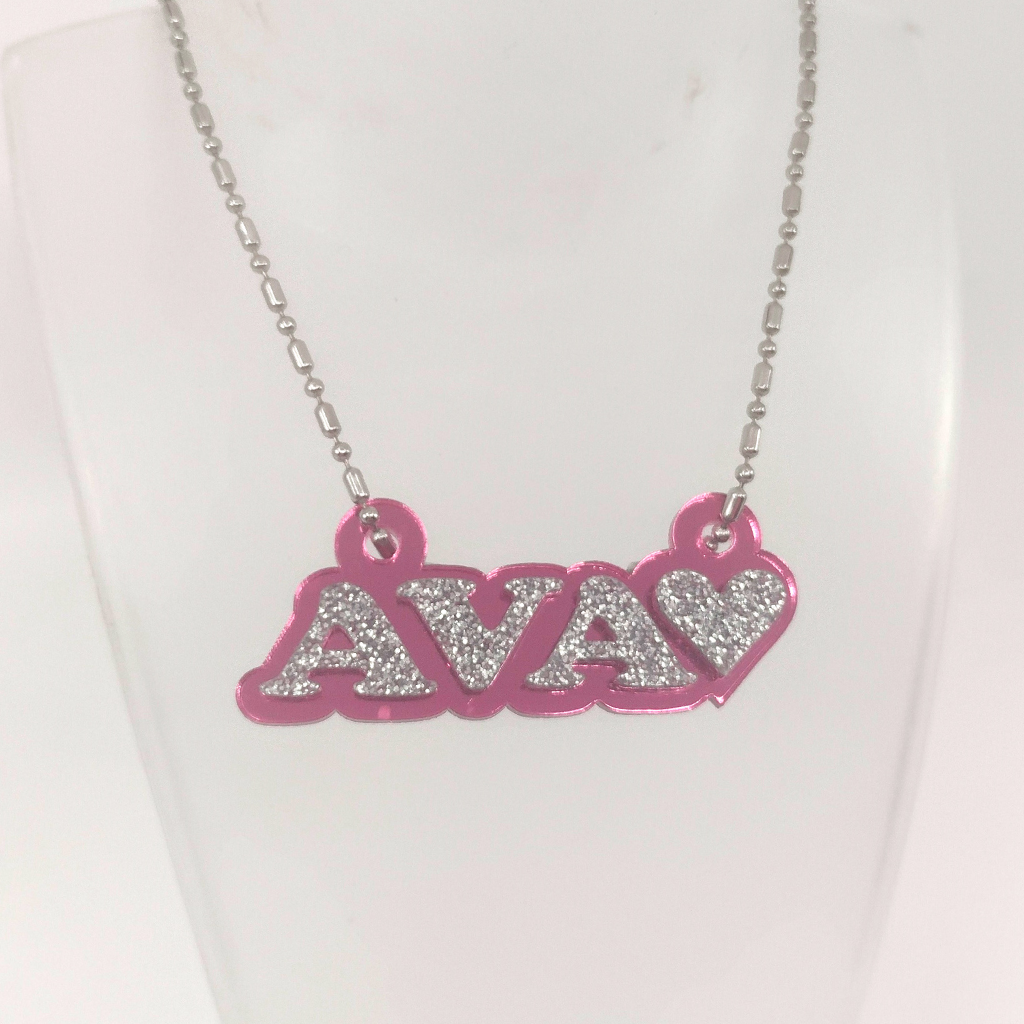 Custom Heart Name Necklace, Personalized Glitter Name Necklace
