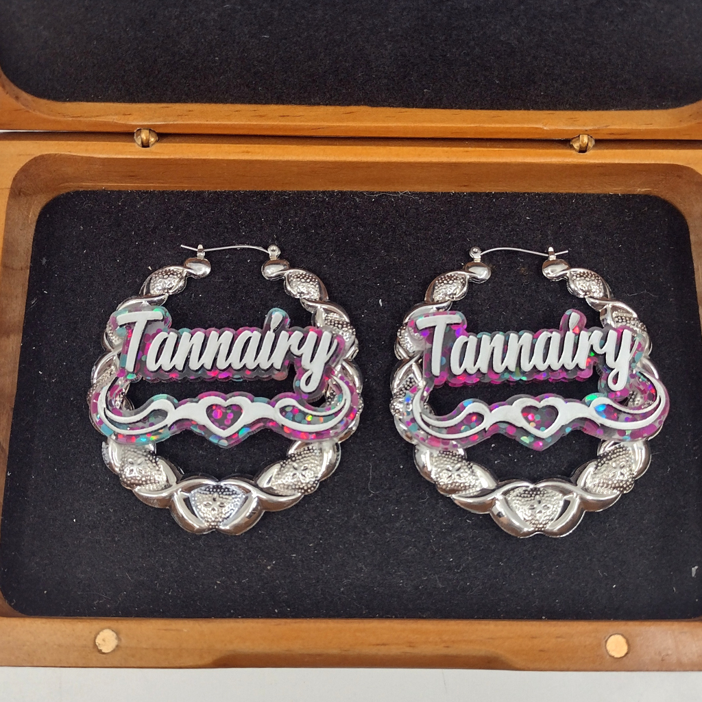 Custom Silver Confetti Multi-Color Heart and Swirl Name Earrings