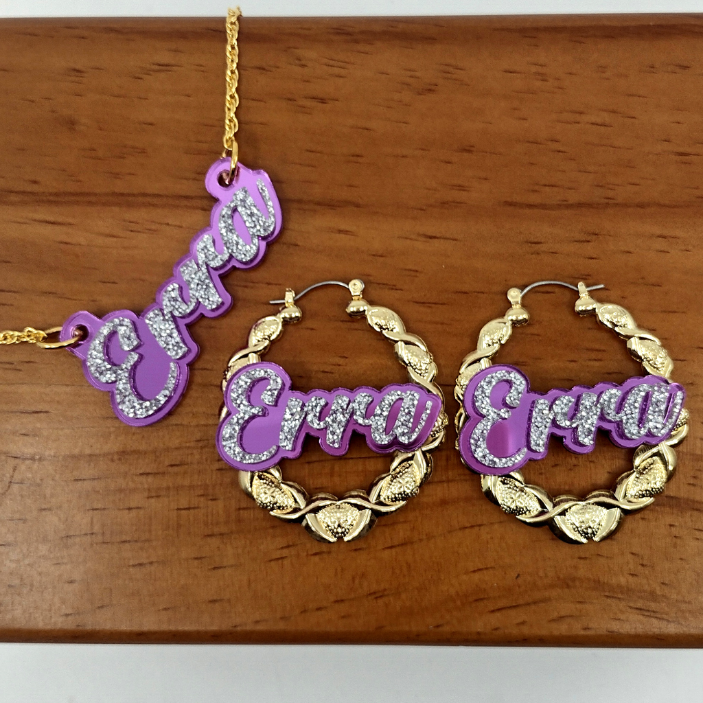 Custom Gold XOXO Hoop Earrings and a Name Necklace, Personalized Name and Background Color, Hand-made Jewelry Set