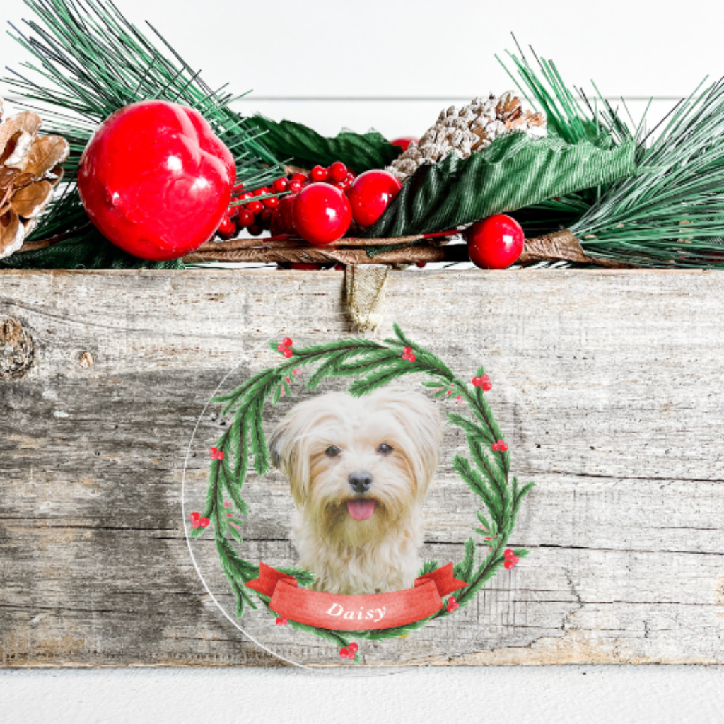 Custom Pet Photo Ornament with Personalized Engraved Name