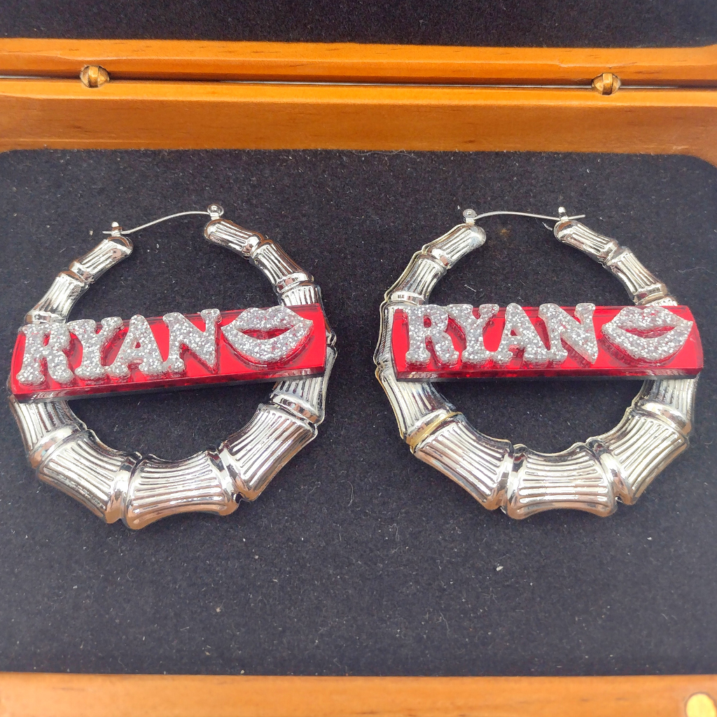 Custom Name with Lips and Background Silver Bamboo Hoop Earrings
