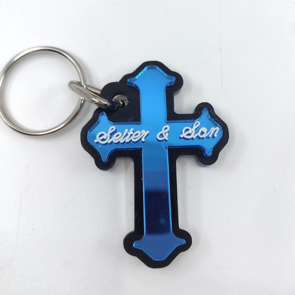 Custom Cross Keychain, Personalized Name or Saying and Background Color