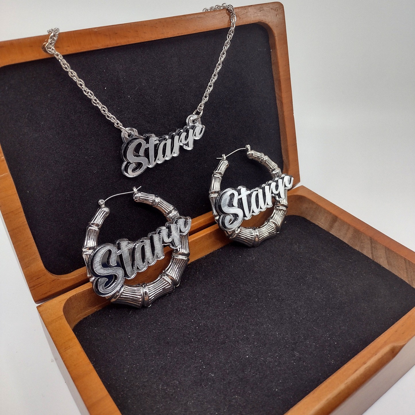 Custom Silver Hoop Earrings and a Name Necklace, Personalized Name and Background Color, Hand-made Jewelry Set
