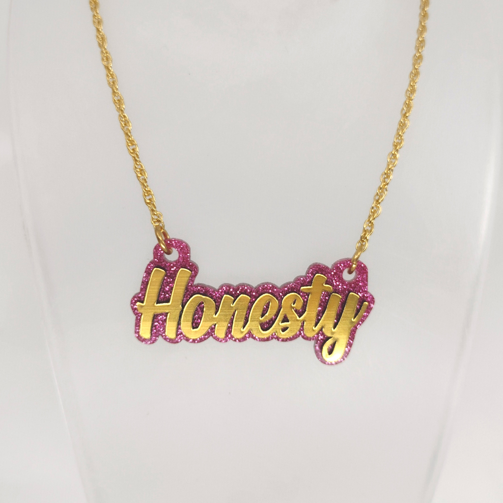 Custom Gold and Pink Glitter Background Name Necklace