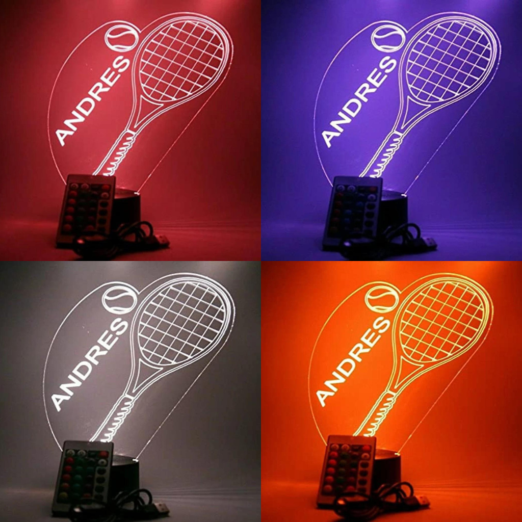 Tennis Racket and Ball, Sports LED Tabletop Night Light Up Lamp, 16 Color options with Remote
