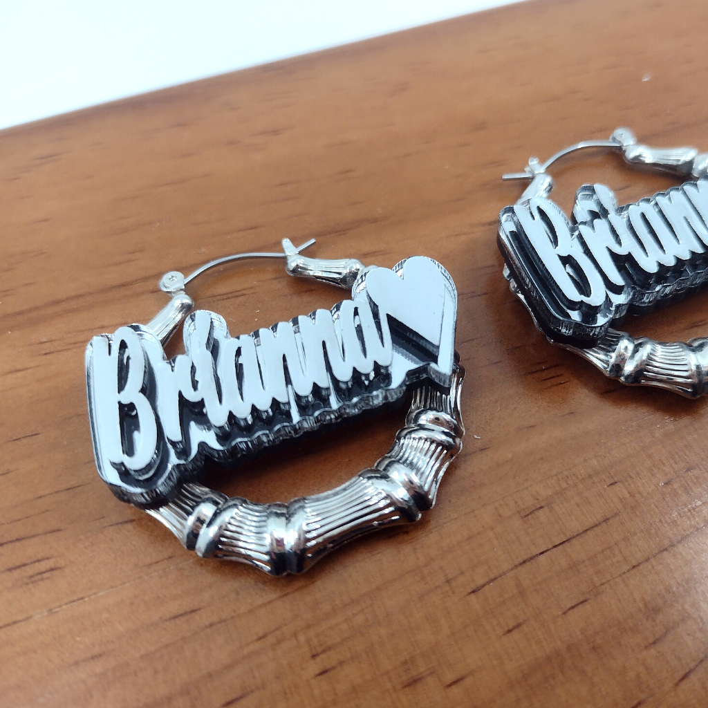 Custom Name with Heart and Background Silver Bamboo Hoop Earrings