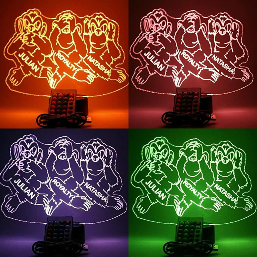 Hear See Speak No Evil Monkeys LED Tabletop Night Light Up Lamp, 16 Color options with Remote