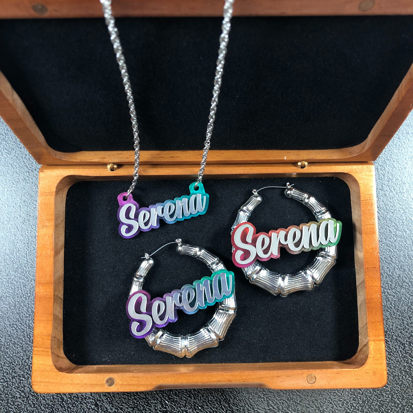 Name Necklace Plate Personalized Custom Nameplate and Silver bamboo Earrings With Rainbow Background Jewelry Set Cursive Letters