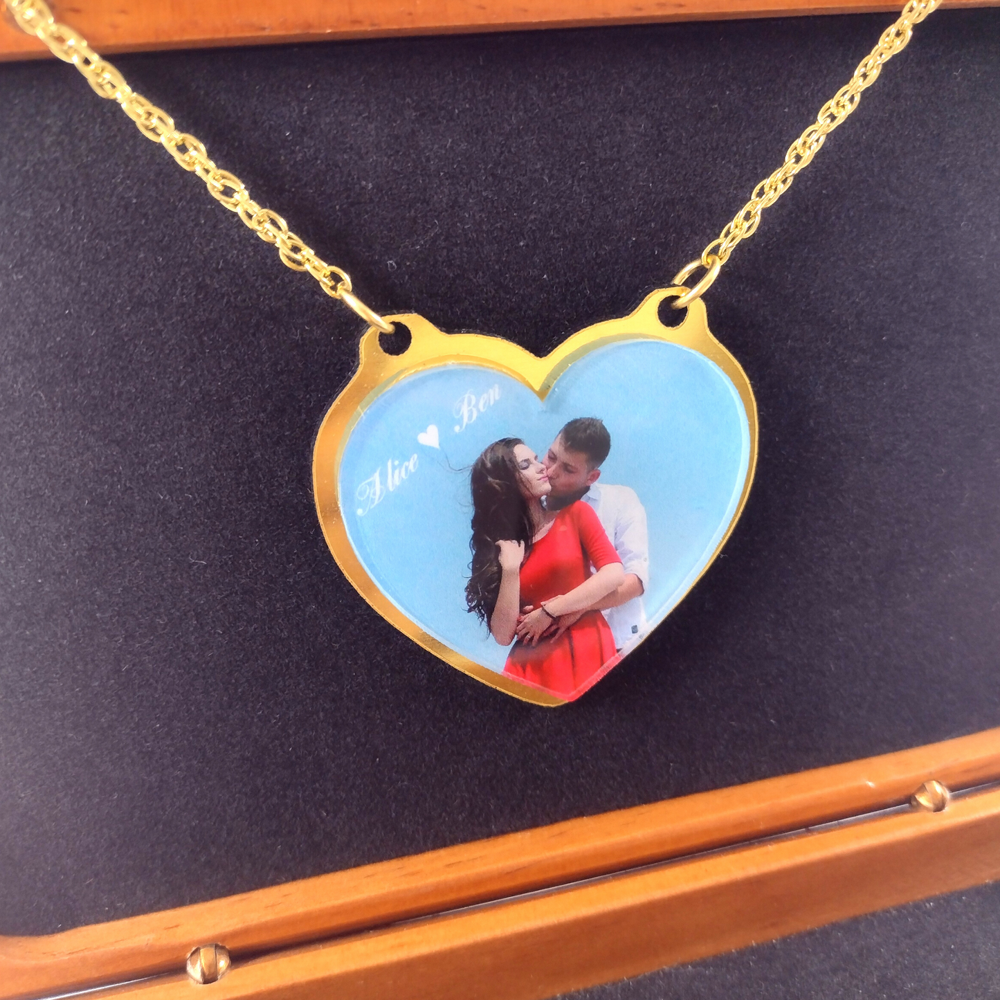 Custom Heart Shaped Personalized Photo Name Necklace and Earrings, UV Printed Jewelry Set