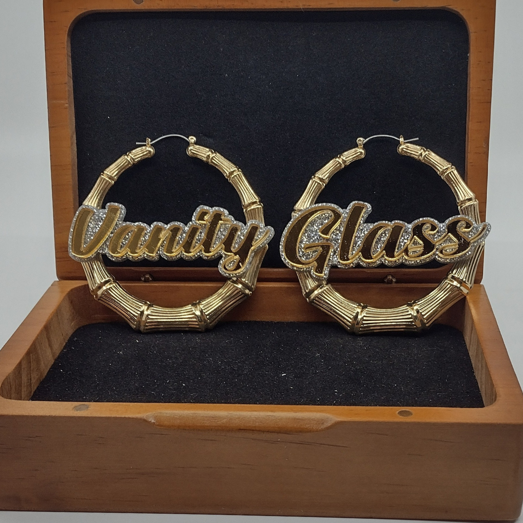 Custom Name and Silver Glitter Background Gold Bamboo Hoop Earrings