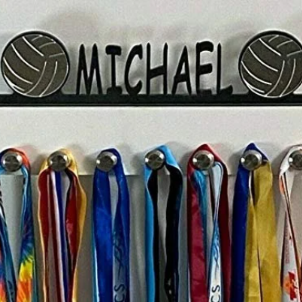 Volleyball Personalized Sports Medal Holder, Handmade Wall Organizer, Storage Space for Your Living Space