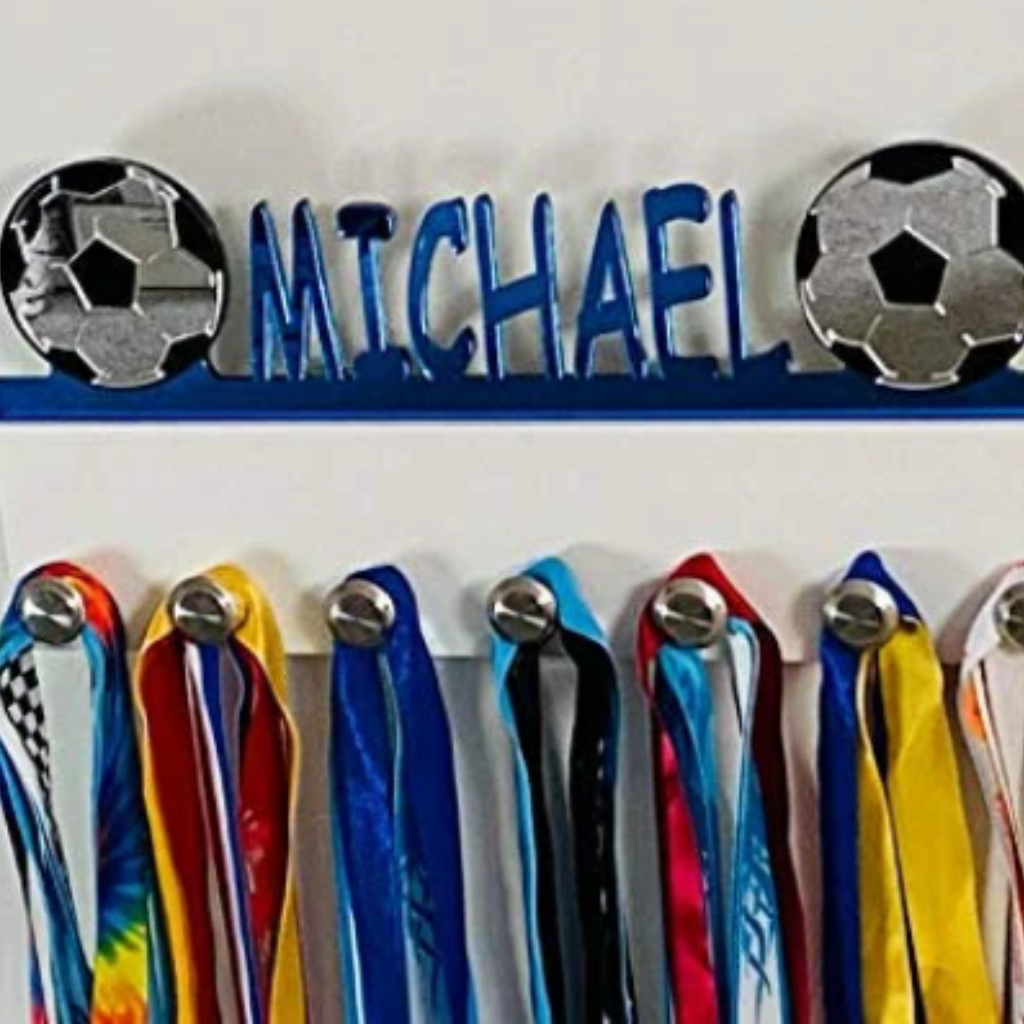 Soccer Personalized Sports Medal Holder, Handmade Wall Organizer, Storage Space for Your Living Space