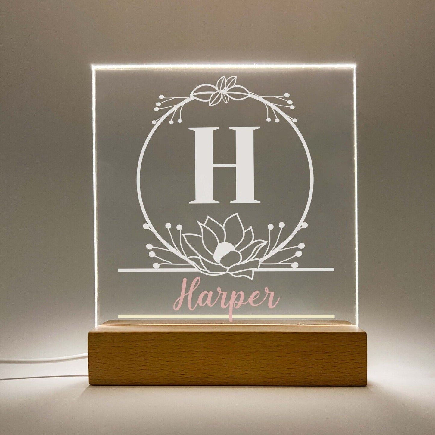 Personalized LED Light Up Wood Stand Girls Monogram Initial Name Plate Gift