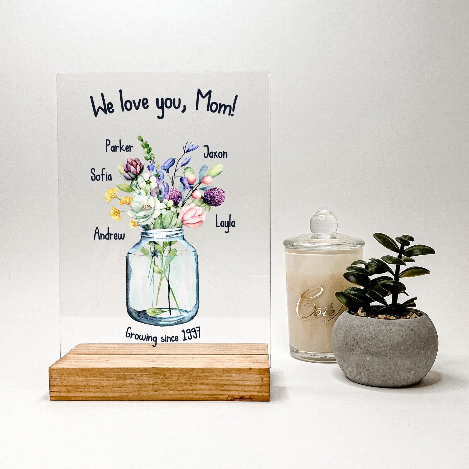 Personalized Wooden Plaque Flower Jar Stand Mom Mother Day Children Home Gift