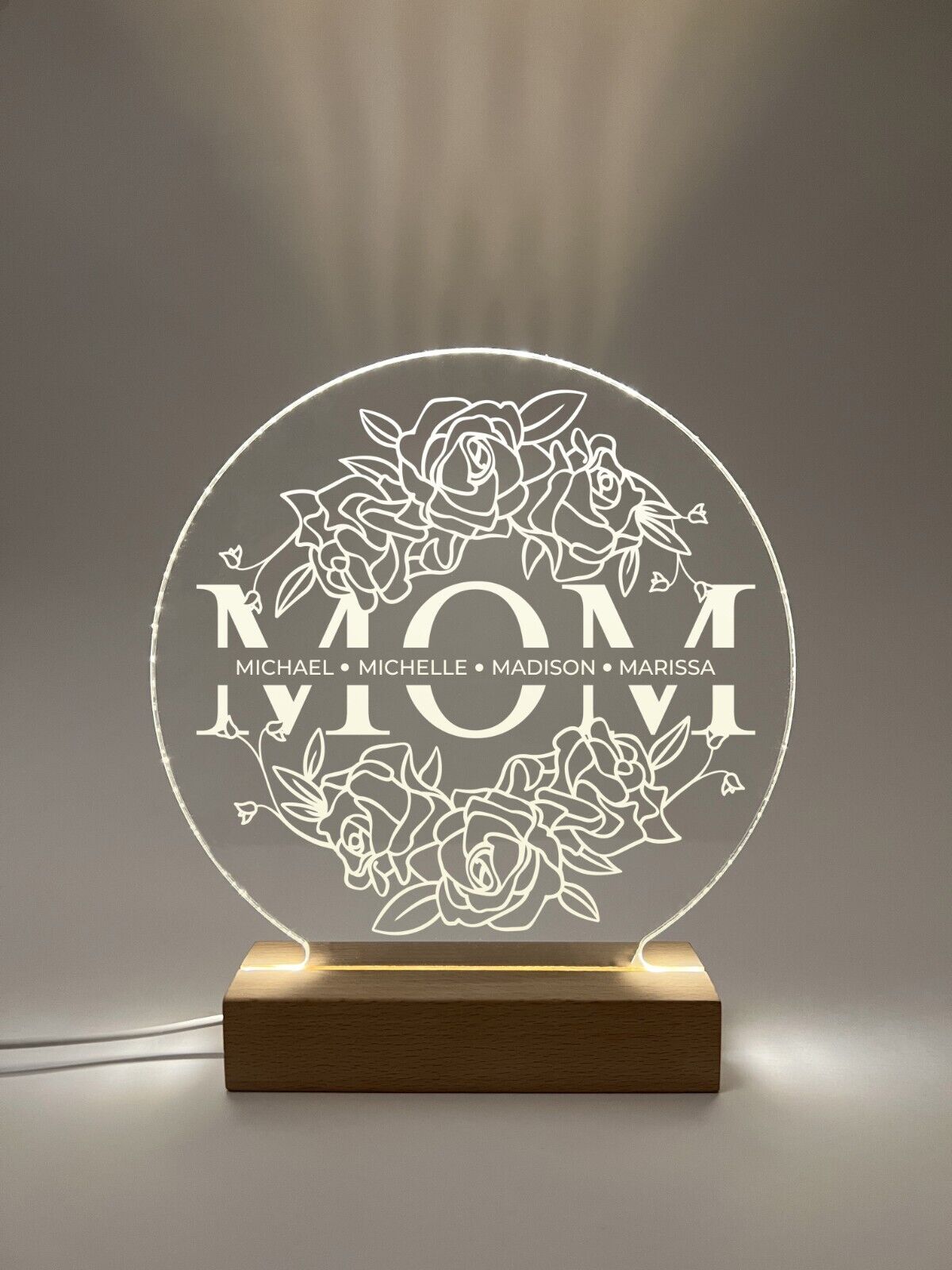 Personalized LED Wood Base Night Light Up Lamp Stand Mom Mother Stepmom Birthday