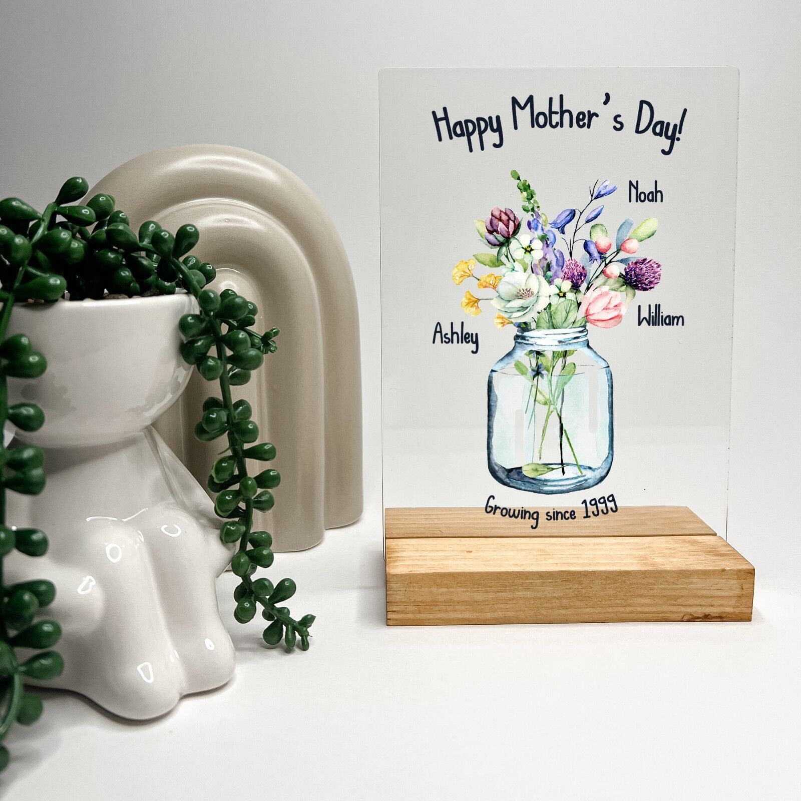 Personalized Wooden Plaque Flower Jar Stand Mom Mother Day Children Home Gift