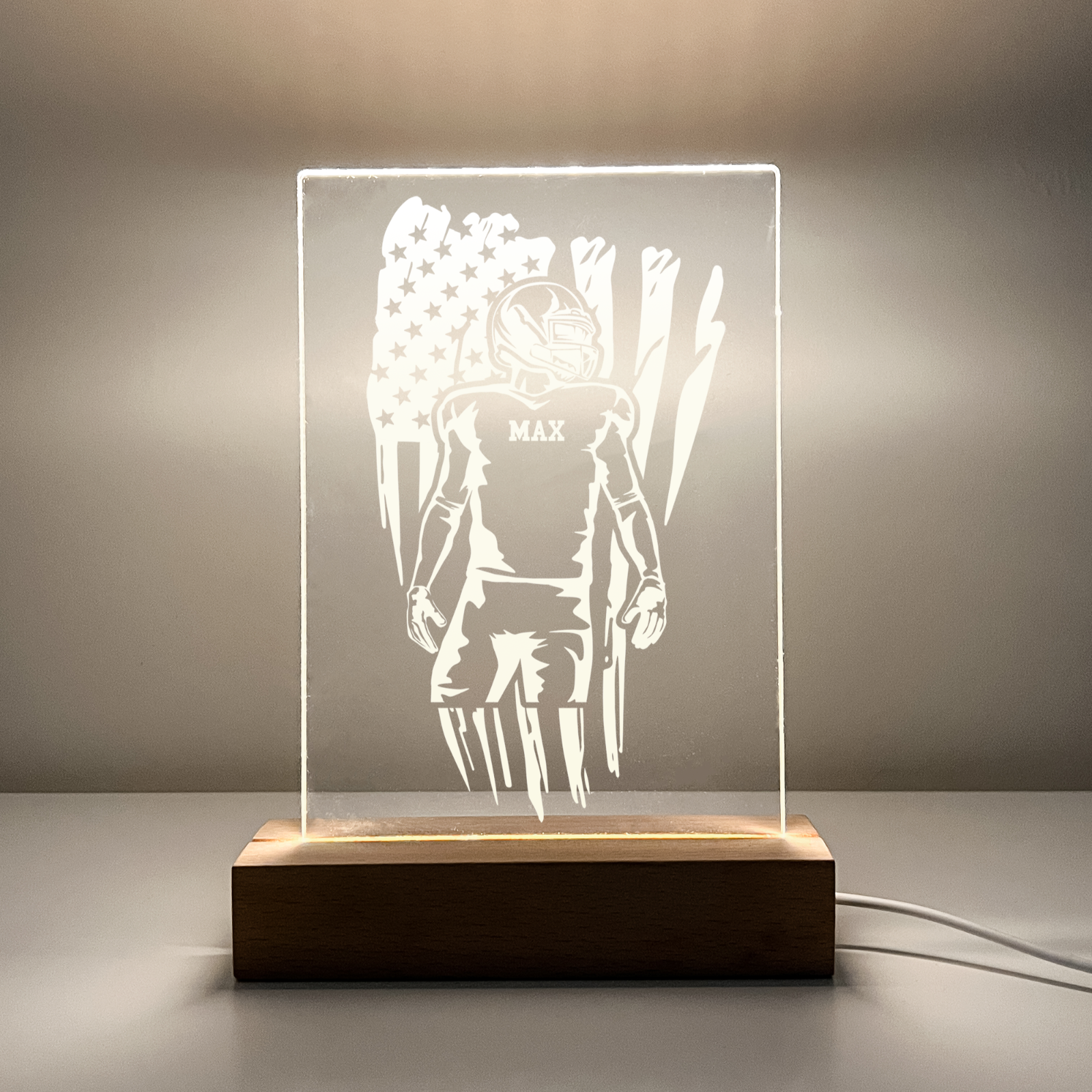 Personalized LED Light Up Desk Lamp Wood Stand USA Football Athlete Warner Gift