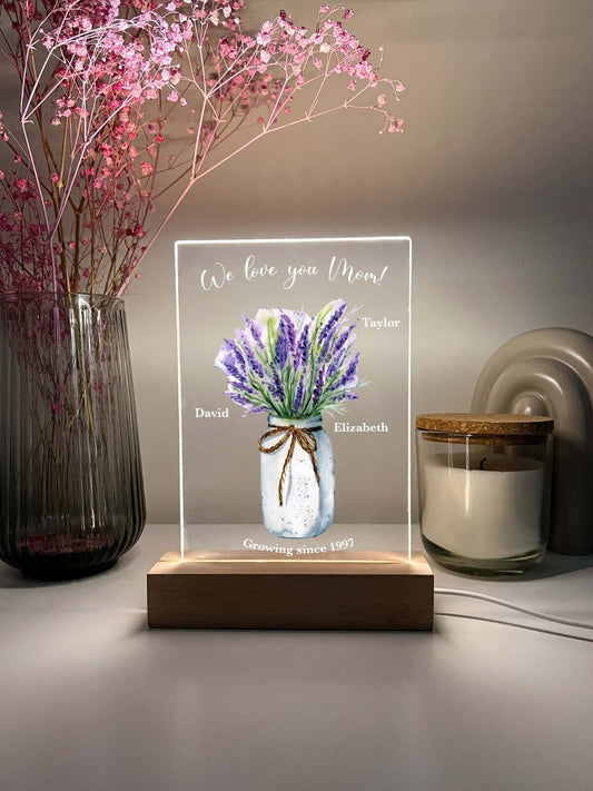 Personalized LED Light Up Wood Stand Flower Jar Grandma Mom Mother's Day Gift