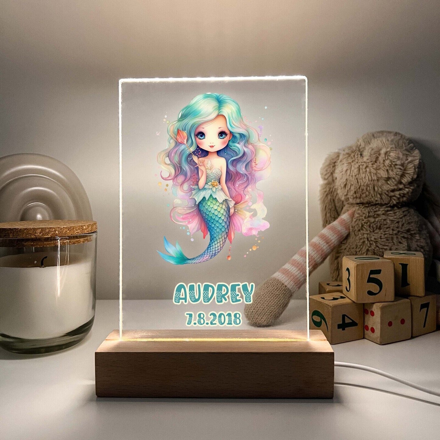 Personalized LED Light Up Wood Stand Mermaid Magical Princess Girls Gift