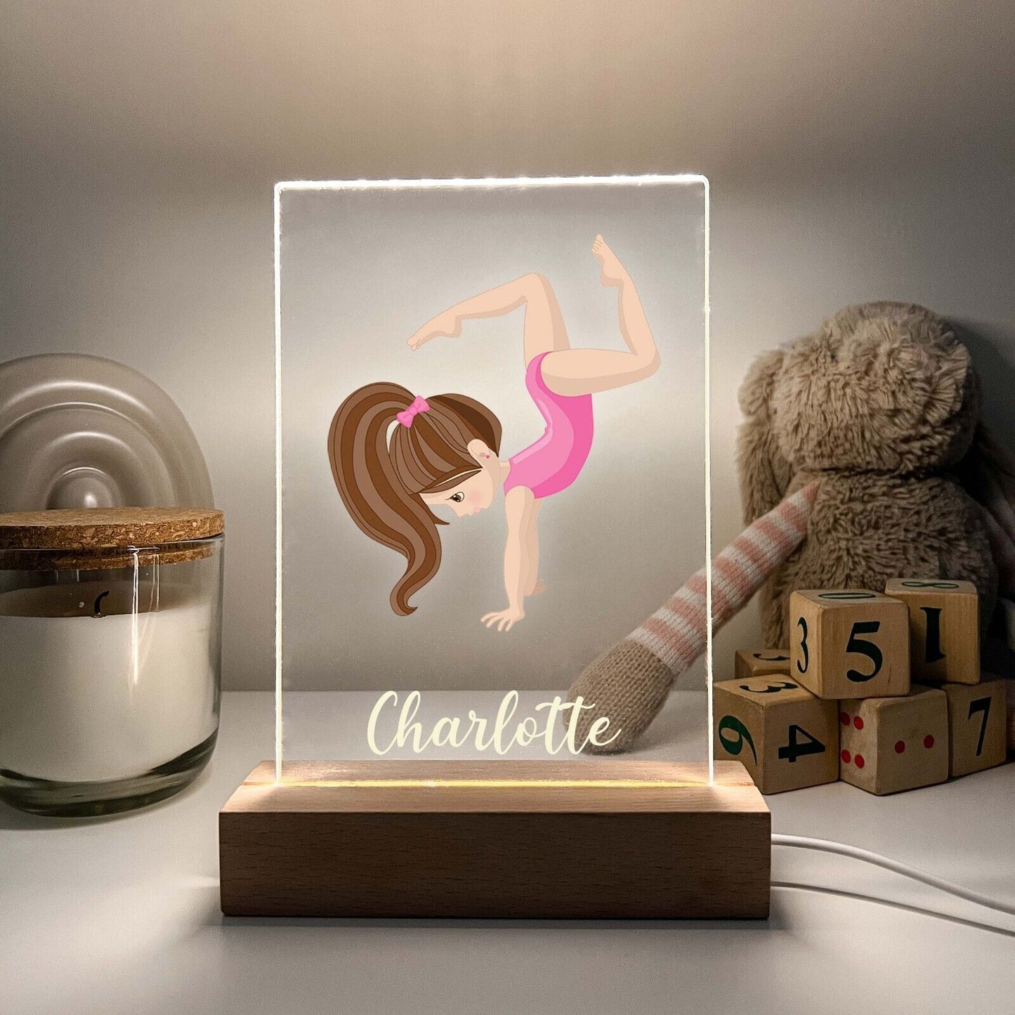 Personalized LED Light Up Desk Lamp Wood Base Stand Girls Gymnast Sports Gift