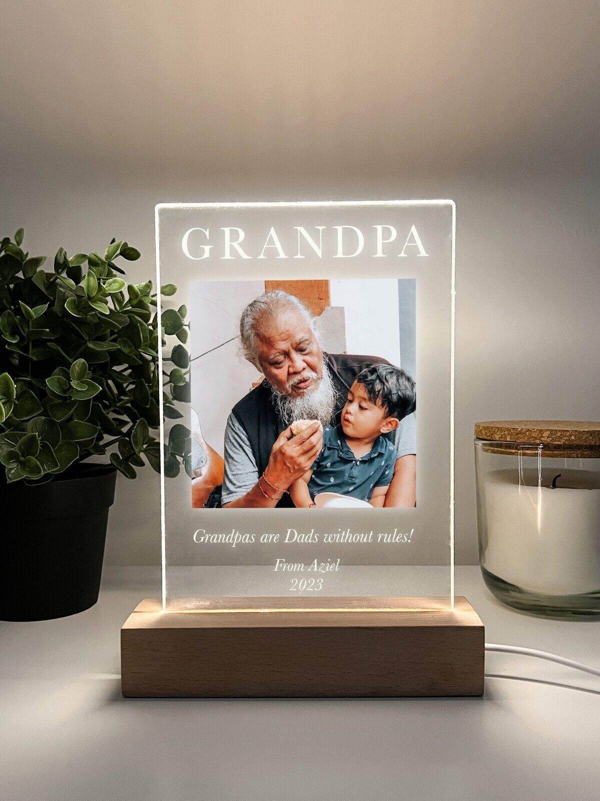 Personalized LED Light Up Wood Stand Gramps Grandpa Grandad Photo Gift