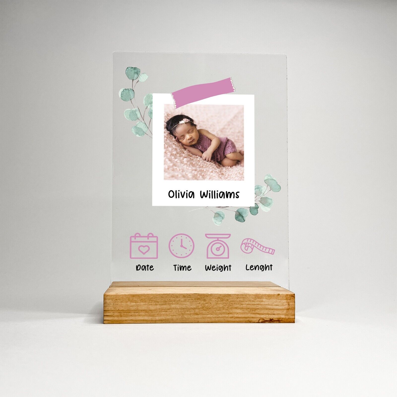 Personalized Wood Base Desk Table Stand New Born Baby Stats Nursery Decor Gift