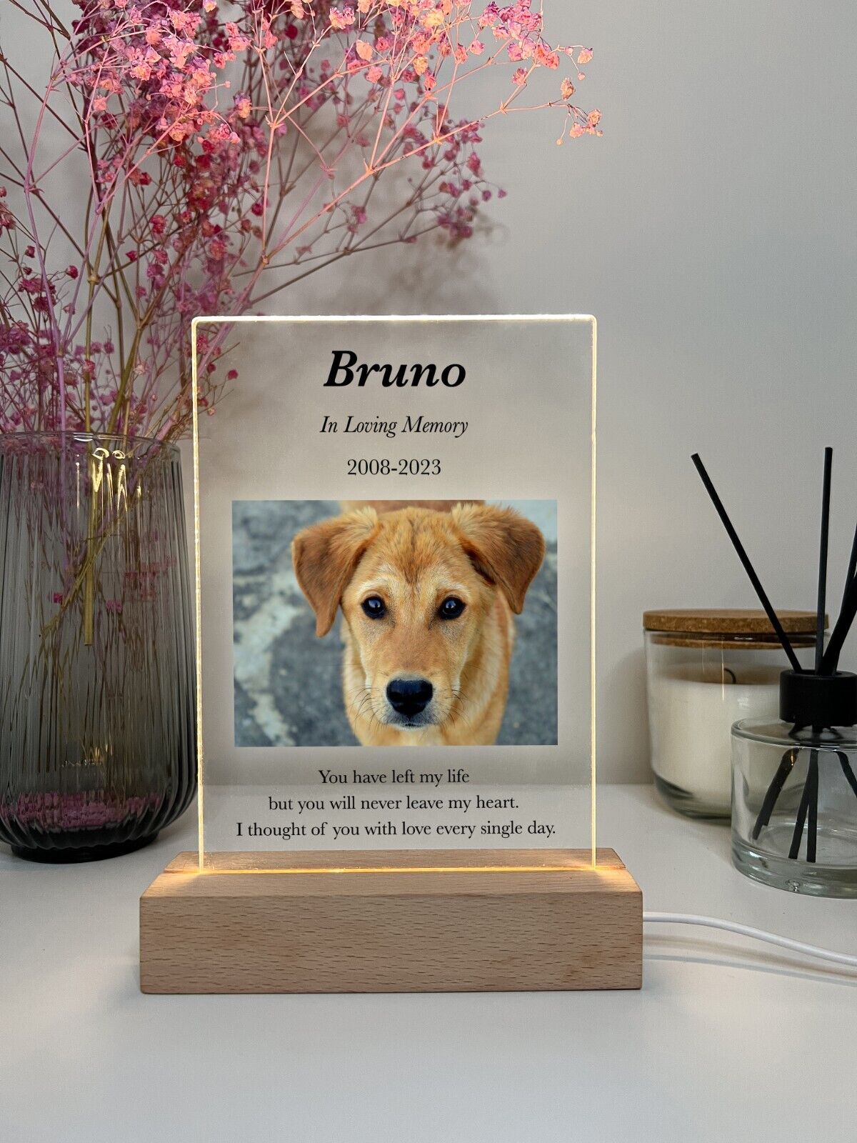 Personalized LED Light Up Wood Stand Pet Dog Cat Remembrance Memorial Gift