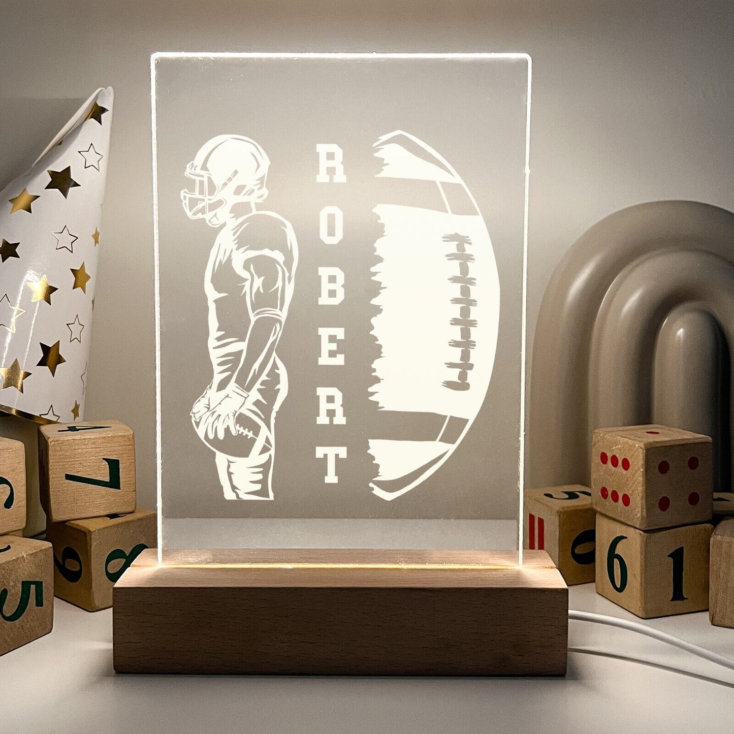 Personalized LED Light Up Desk Lamp Wood Stand USA Football Athlete Warner Gift