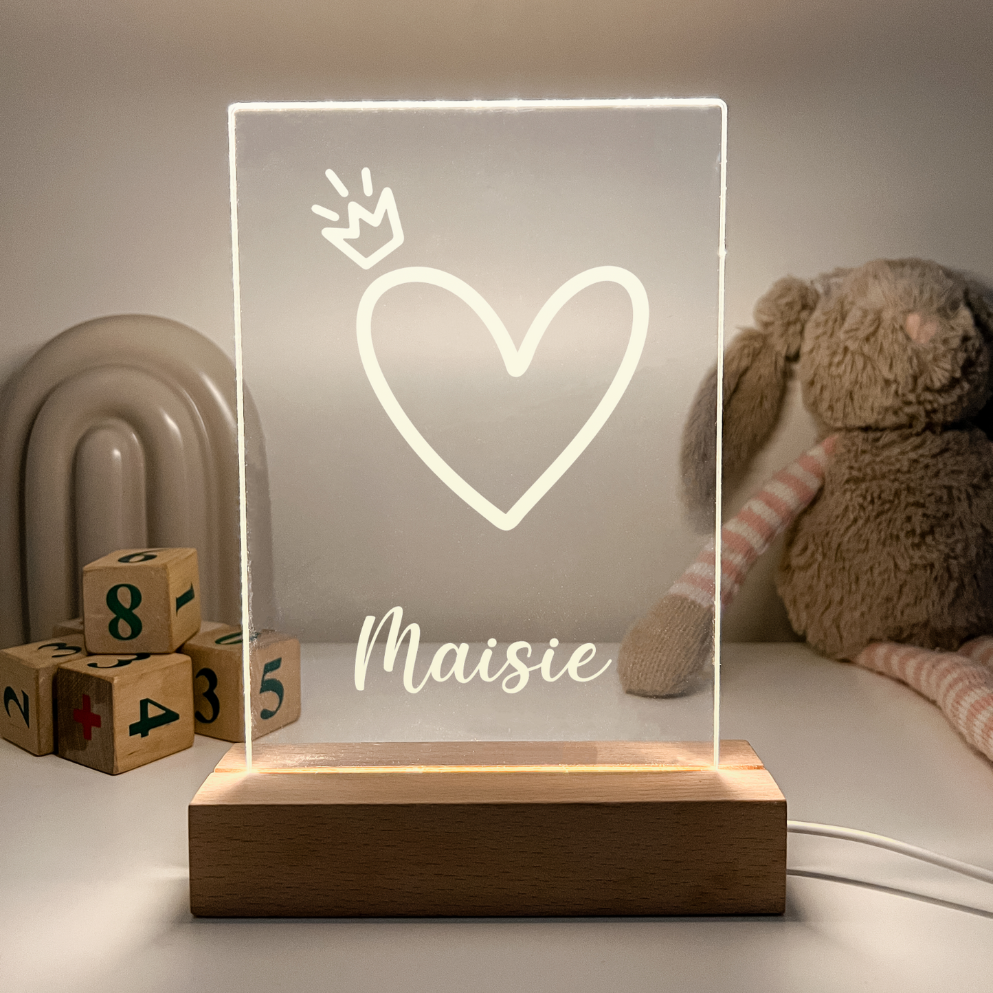 Personalized LED Light Up Desk Lamp Wood Base Stand Girls rainbow Gift For Her