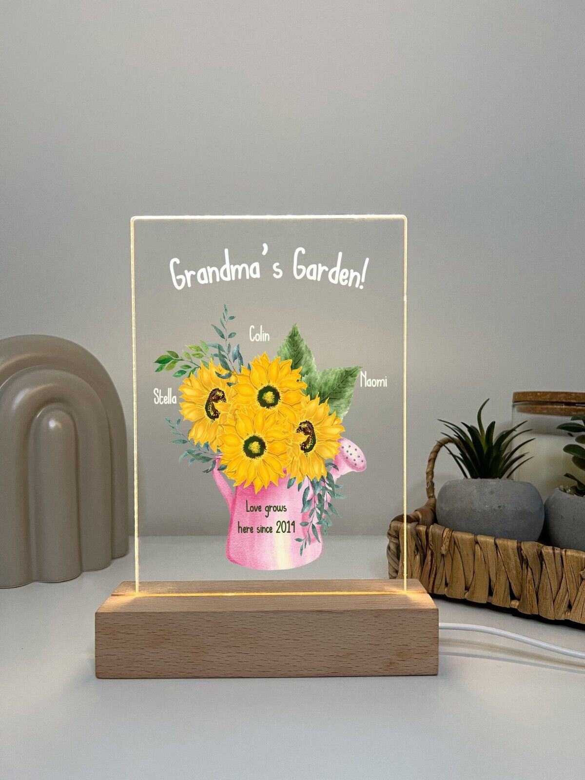 Personalized LED Light Up Flower Jar Stand Grandma Garden Home Gift