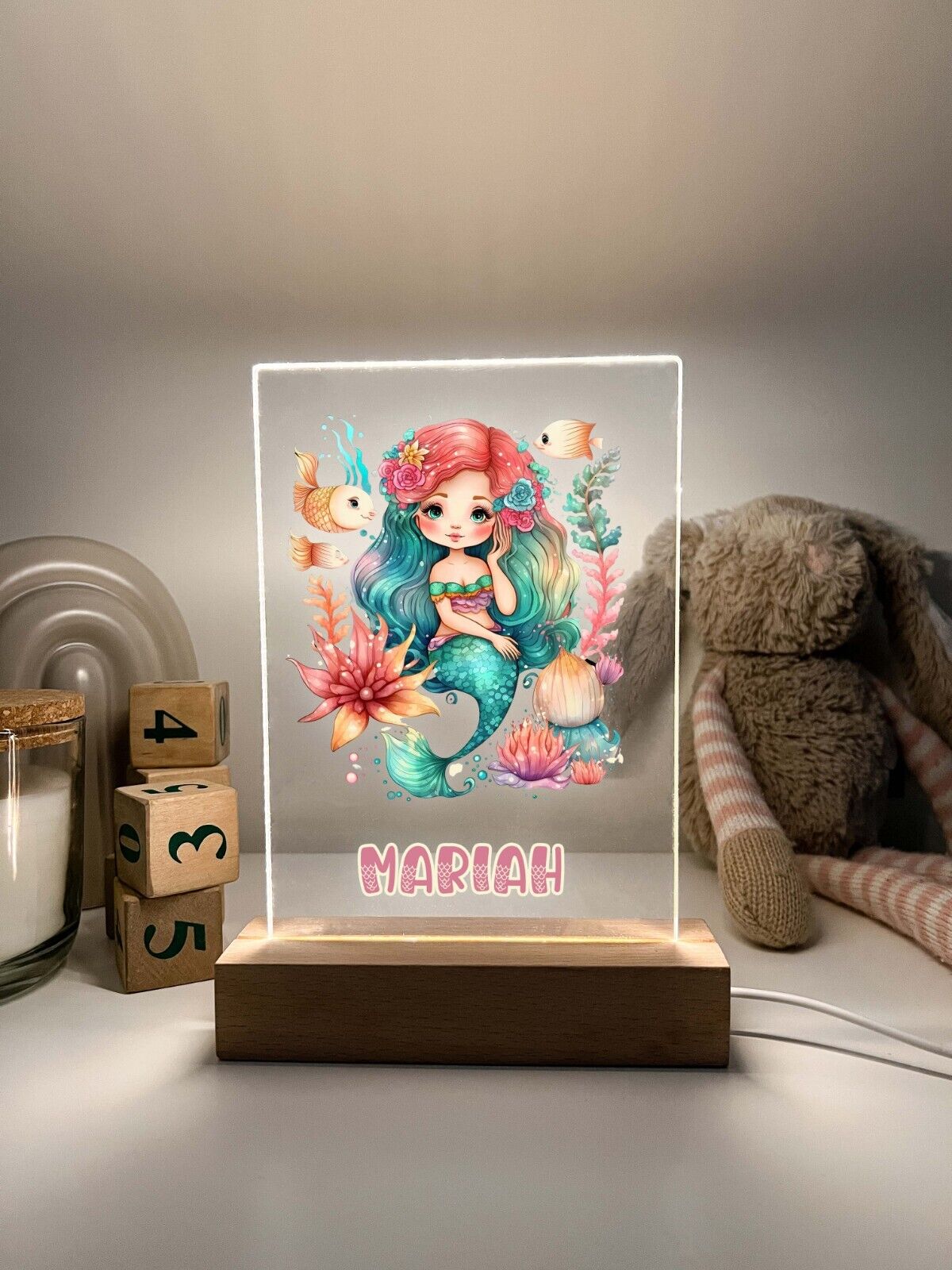 Personalized LED Light Up Wood Stand Mermaid Magical Princess Girls Gift