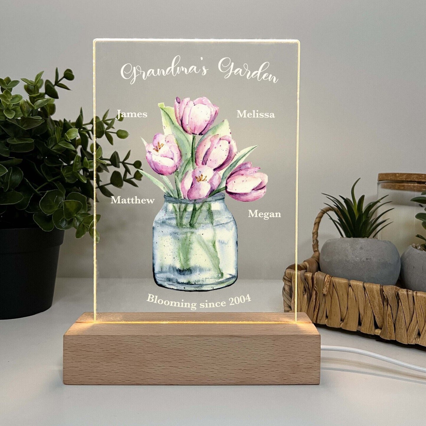 Personalized LED Light Up Wood Stand Flower Jar Grandma Mom Mother's Day Gift