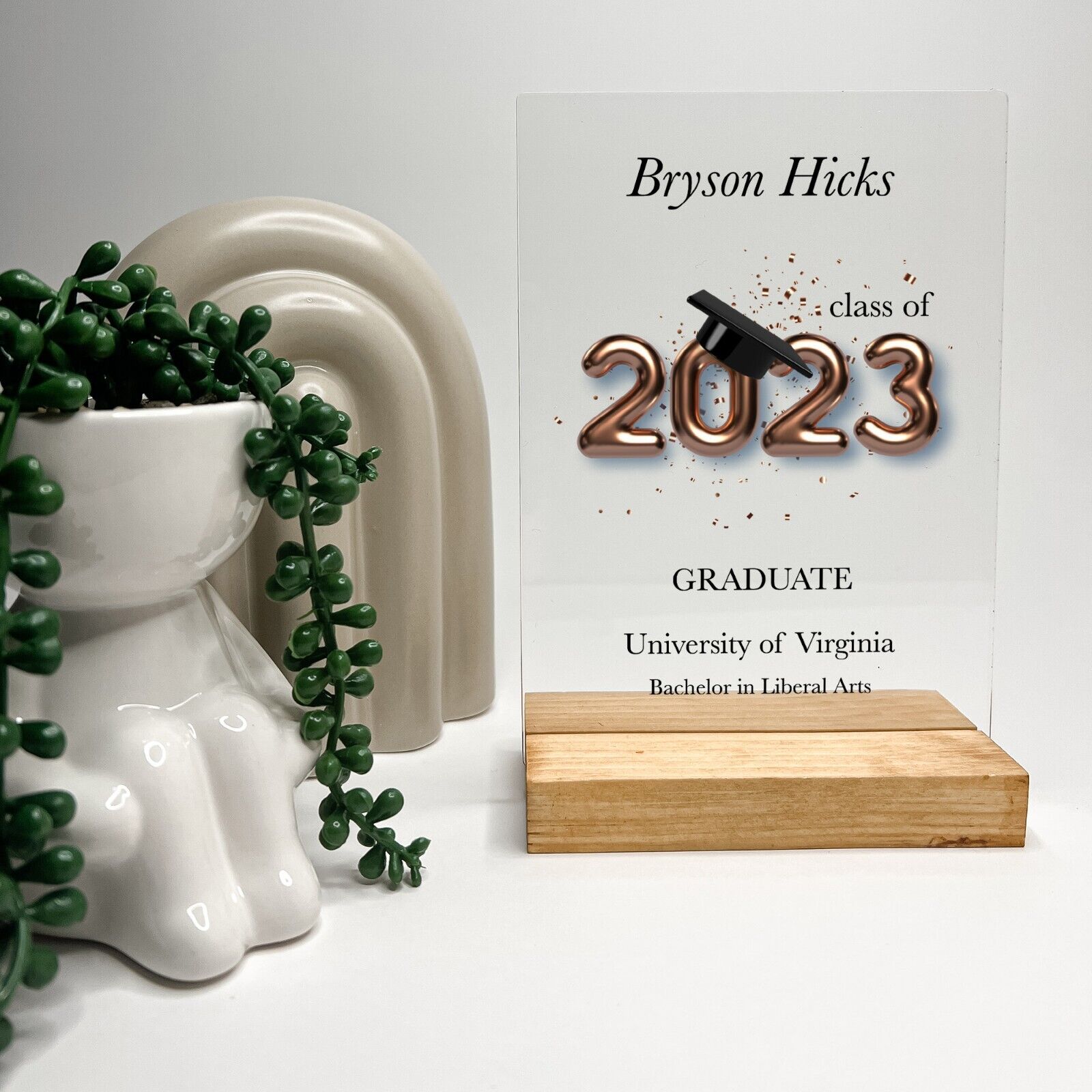 Personalized Wood Base Desk Table Stand Graduation University 2023 2024 Gift