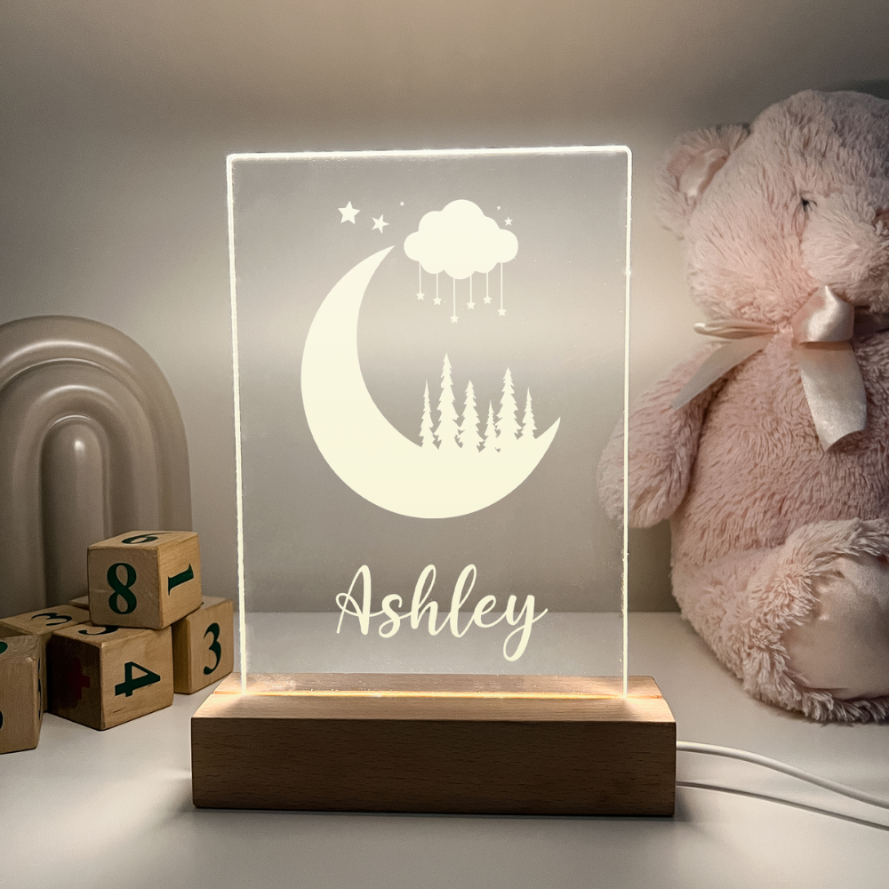 Personalized Moon and Stars LED light up WOOD stand With Remote Room Décor Gift