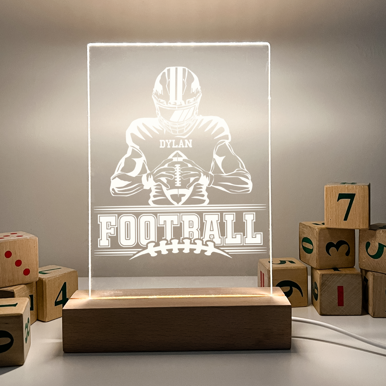 Personalized LED Light Up Desk Lamp Wooden Stand Football Athlete Warner Gift