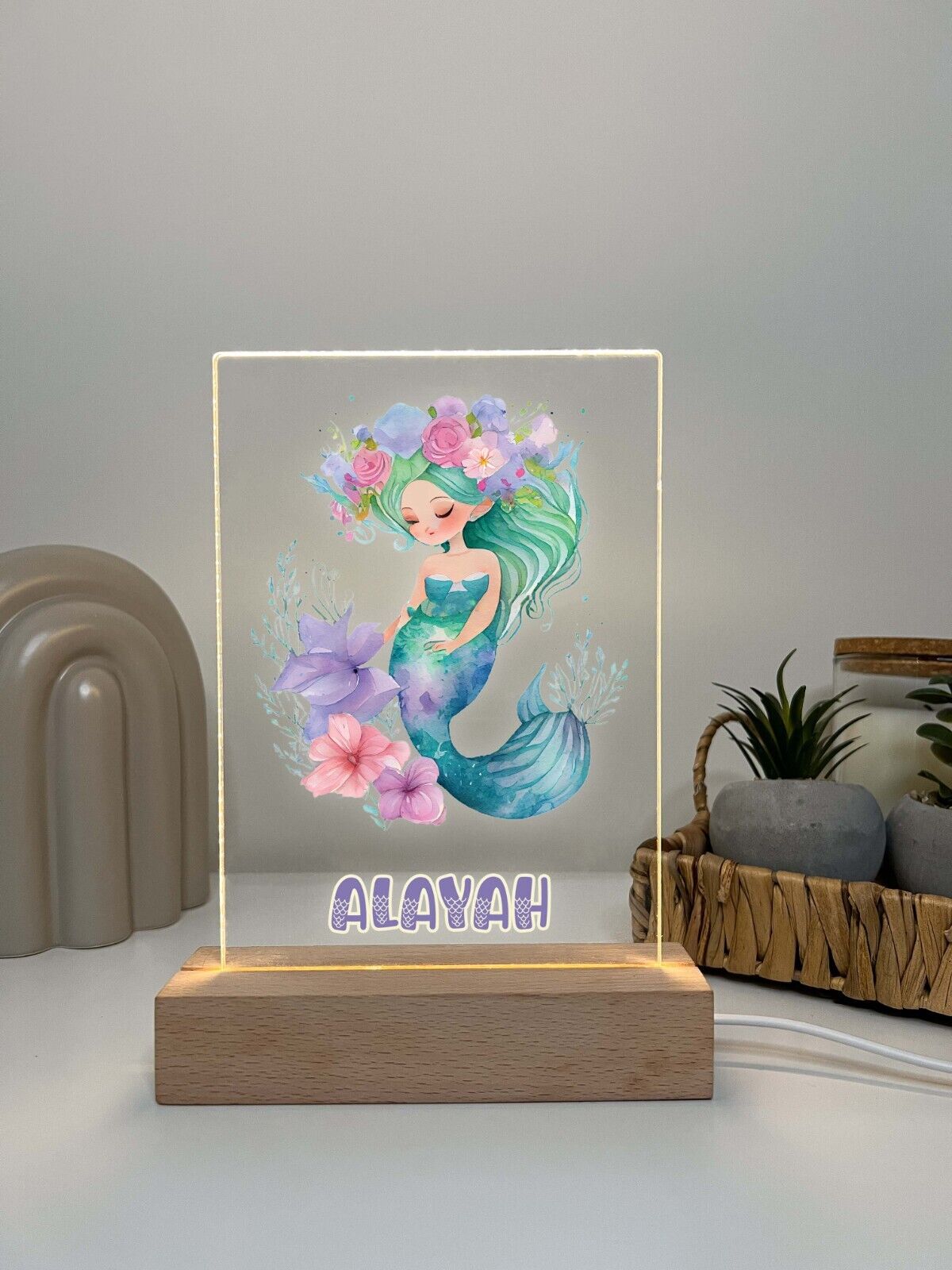 Personalized LED Light Up Wood Stand Mermaid Magical Princess Girls Gift