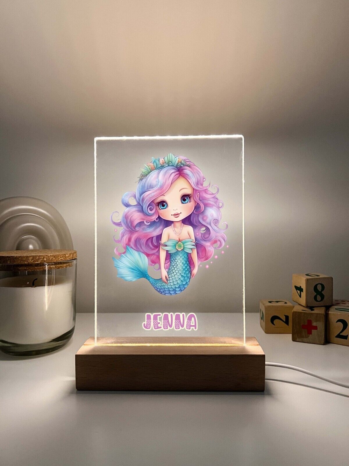 Personalized LED Light Up Wood Stand Mermaid Magical Princess Girls Gift